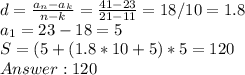 d = \frac{a_n-a_k}{n-k} = \frac{41-23}{21-11} = 18/10 = 1.8 \\
a_1 = 23-18=5 \\
S = (5+(1.8*10+5)*5=120 \\
Answer: 120