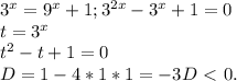 3^x=9^x+1 ; 3^{2x}-3^x+1=0\\
t = 3^x \\
t^2-t+1 = 0 \\
D = 1-4*1*1 =-3 D\ \textless \ 0.

