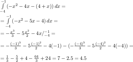 \int\limits^{-1}_{-4} {(- x^{2} -4x-(4+x))} \, dx = \\ \\ =
\int\limits^{-1}_{-4} {(- x^{2} -5x-4)} \, dx = \\ \\ =
- \frac{ x^{3} }{3} -5 \frac{ x^{2}}{2} -4x/^{-1}_{-4} = \\ \\ =
- \frac{ (-1)^{3} }{3} -5 \frac{ (-1)^{2}}{2} -4(-1)-(- \frac{ (-4)^{3} }{3} -5 \frac{ (-4)^{2}}{2} -4(-4))= \\ \\ = \frac{1}{3}- \frac{5}{2}+4- \frac{64}{3}+24=7-2.5=4.5