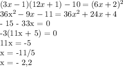 (3x - 1)(12x+1)-10=(6x+2)^2

36x^2 - 9x - 11 = 36x^2 + 24x + 4

- 15 - 33x = 0

-3(11x + 5) = 0

11x = -5

x = -11/5

x = - 2,2