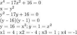 x^4 - 17x^2 + 16 = 0

x = y^2

y^2 - 17y + 16 = 0

(y - 16)(y - 1) = 0

y = 16 = x^2 ; y = 1 = x^2

x1 = 4 ; x2 = - 4 ; x3 = 1 ; x4 = -1