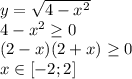 y= \sqrt{4-x^2} \\ 
4-x^2 \geq 0 \\ 
(2-x)(2+x) \geq 0 \\ 
x\in [-2;2] \\