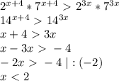 2^{x+4}*7^{x+4}\ \textgreater \ 2^{3x}*7^{3x}\\
14^{x+4}\ \textgreater \ 14^{3x}\\
x+4\ \textgreater \ 3x\\
x-3x\ \textgreater \ -4\\
-2x\ \textgreater \ -4 \ |:(-2)\\
x\ \textless \ 2