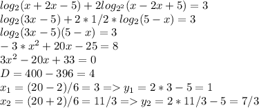 log_2 (x+2x-5)+2log_{2^2} (x-2x+5)=3 \\
log_2 (3x-5) +2*1/2*log_2 (5-x)=3 \\
log_2 (3x-5)(5-x) =3 \\
-3*x^2+20x-25=8 \\
3x^2-20x+33=0 \\
D=400-396=4 \\
x_1=(20-2)/6=3 = y_1=2*3-5=1 \\
x_2=(20+2)/6=11/3 = y_2=2*11/3-5=7/3

