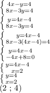 \left \{ {{4x-y=4} \atop {8x-3y=4}} \right. 

 \left \{ {{y=4x-4} \atop {8x-3y=4}} \right. 

 \left \{ {{y=4x - 4} \atop {8x - 3(4x - 4) = 4}} \right. 

 \left \{ {{y=4x - 4} \atop {-4x + 8 = 0}} \right. 

 \left \{ {{y = 4x - 4} \atop {x=2}} \right. 

 \left \{ {{y=4} \atop {x=2}} \right. 

(2 ; 4)