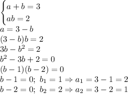 \begin{cases}a+b=3 \\ ab=2 \right \end{cases}
\\\
a=3-b
\\\
(3-b)b=2
\\\
3b-b^2=2
\\\
b^2-3b+2=0
\\\
(b-1)(b-2)=0
\\\
b-1=0; \ b_1=1\Rightarrow a_1=3-1=2
\\\
b-2=0; \ b_2=2\Rightarrow a_2=3-2=1