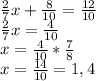 \frac{2}{7} x + \frac{8}{10} = \frac{12}{10} \\ 
 \frac{2}{7} x = \frac{4}{10} \\ 
x= \frac{4}{10} * \frac{7}{8} \\ 
x= \frac{14}{10} = 1,4