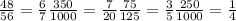 \frac{48}{56}= \frac{6}{7}\frac{350}{1000} = \frac{7}{20} \frac{75}{125}= \frac{3}{5}
 \frac{250}{1000}= \frac{1}{4}