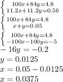 \left \{ {{100x+84y=4.8} \atop {11.2x + 11.2y = 0.56}} \right. \\
 \left \{ {{100x+84y=4.8} \atop {x+y=0.05}} \right. \\
 \left \{ {{100x+84y=4.8} \atop {-100x-100y=-5}} \right. \\
-16y = -0.2 \\
y = 0.0125 \\
x = 0.05 - 0.0125 \\ 
x = 0.0375