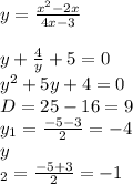 y= \frac{x^2-2x}{4x-3} \\ 
 \\ 
y+ \frac{4}{y}+5=0 \\ 
y^2+5y+4=0 \\ 
D=25-16=9 \\ 
y_{1}= \frac{-5-3}{2}=-4 \\ 
y \\ _{2}= \frac{-5+3}{2}=-1