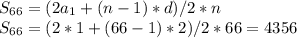 S_{66}=(2a_1+(n-1)*d)/2*n \\ 
S_{66}=(2*1+(66-1)*2)/2*66=4356