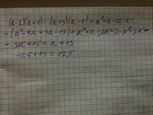 Найдите значения выражения: (а – 2)(а + 1) – (а + 3)(а – 5) при а = - 0,5.