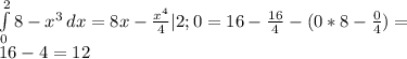 \int\limits^2_0 {8-x^3} \, dx = 8x-\frac{x^4}{4} |2;0 = 16- \frac{16}{4}-(0*8- \frac{0}{4}) = \\
16-4=12