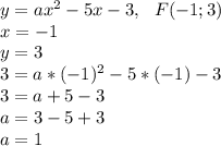 y=ax^2-5x-3, \ \ F(-1;3)\\
x=-1\\
y=3\\
3=a*(-1)^2-5*(-1)-3\\
3=a+5-3\\
a=3-5+3\\
a=1