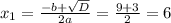 x_{1} = \frac{-b+ \sqrt{D} }{2a} = \frac{9+3}{2} =6
