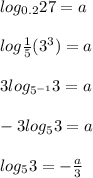 log_{0.2}27=a \\ \\ 
log{ \frac{1}{5} }(3^3)=a \\ \\ 
3log_{5^{-1}}3=a \\ \\ 
-3log_{5}3=a \\ \\ 
log_{5}3=- \frac{a}{3}