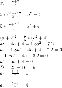 x_{2}= \frac{a+2}{3} \\ \\ 
5*( \frac{a+2}{3} )^2=a^2+4 \\ \\ 
5* \frac{(a+2)^2}{9}=a^2+4 \\ \\ 
(a+2)^2= \frac{9}{5}*(a^2+4) \\ 
a^2+4a+4=1.8a^2+7.2 \\ 
a^2-1.8a^2+4a+4-7.2=0 \\ 
-0.8a^2+4a-3.2=0 \\ 
a^2-5a+4=0 \\ 
D=25-16=9 \\ 
a_{1}= \frac{5-3}{2}=1 \\ \\ 
a_{2}= \frac{5+3}{2}=4