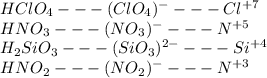 HClO_4 --- (ClO_4)^----Cl^{+7} \\ HNO_3---(NO_3)^----N^{+5} \\ 
H_2SiO_3---(SiO_3)^{2-}---Si^{+4} \\ 
HNO_2---(NO_2)^----N^{+3}