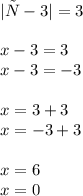 |х-3|=3 
\\\\
x-3=3
\\
x-3=-3
\\\\
x=3+3
\\
x=-3+3
\\\\
x=6
\\
x=0