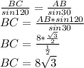 \frac{BC}{sin120} = \frac{AB}{sin30} \\ BC= \frac{AB*sin120}{sin30} \\ 
BC= \frac{8* \frac{ \sqrt{3} }{2} }{ \frac{1}{2} } \\ BC=8 \sqrt{3}