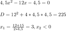 4,5x^{2}-12x-4,5=0\\\\
D=12^{2}+4*4,5*4,5=225\\\\
x_{1}= \frac{12+15}{2*4,5}=3 , x_{2}\ \textless \ 0