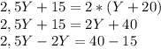 2,5Y+15 = 2*(Y+20) \\ 
2,5Y+15 = 2Y+40 \\ 
2,5Y - 2Y = 40 - 15 \\