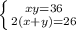 \left \{{xy=36} \atop {2(x+y)=26} \right. 
