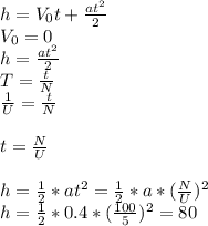 h=V_0t+ \frac{at^2}{2} \\ 
V_0=0 \\ 
h= \frac{at^2}{2} \\ 
T= \frac{t}{N} \\ 
 \frac{1}{U}= \frac{t}{N} \\ 
 \\ 
t= \frac{N}{U} \\ 
 \\ 
h= \frac{1}{2}*at^2= \frac{1}{2}*a* (\frac{N}{U})^2
 \\ 
h= \frac{1}{2}*0.4* (\frac{100}{5})^2=80