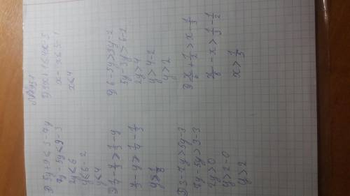Решите неравенство: 1) 5у+9(меньше либо равно)3-7у 2)3х+1(меньше либо равно)4х-5 3)1/4 -у/3(больше л