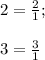 2= \frac{2}{1} ; \\ \\ 
3= \frac{3}{1}