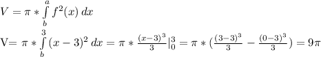 V= \pi *\int\limits^a_b {f^{2} (x)} \, dx 

V= \pi * \int\limits^3_b {(x-3) ^{2} } \, dx = \pi * \frac{(x-3) ^{3} }3} | _{0} ^{3} = \pi *( \frac{(3-3) ^{3} }{3}- \frac{(0-3) ^{3} }{3} )=9 \pi