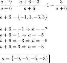 \dfrac{a+9}{a+6}=\dfrac{a+6+3}{a+6}=1+\dfrac{3}{a+6}\\\\
a+6=\{-1,1,-3,3\}\\\\
a+6=-1 \Rightarrow a=-7\\
a+6=1 \Rightarrow a=-5\\
a+6=-3 \Rightarrow a=-9\\
a+6=3 \Rightarrow a=-3\\\\
\boxed{a=\{-9,-7,-5,-3\}}