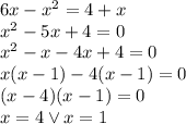 6x-x^2=4+x\\
x^2-5x+4=0\\
x^2-x-4x+4=0\\
x(x-1)-4(x-1)=0\\
(x-4)(x-1)=0\\
x=4 \vee x=1
