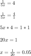 \frac{1}{5x} =4 \\ \\ 
 \frac{1}{5x} = \frac{4}{1} \\ \\ 
5x*4=1*1 \\ \\ 
20x=1 \\ \\ 
x= \frac{1}{20} =0.05





