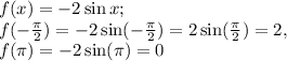 f(x) = -2 \sin x; \\
f(-\frac{\pi}{2}) = -2 \sin (-\frac{\pi}{2}) = 2 \sin (\frac{\pi}{2}) = 2, \\
f(\pi) = -2 \sin (\pi) = 0