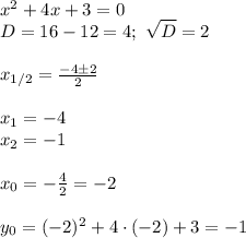 x^2+4x+3=0\\
D=16-12=4; \ \sqrt{D}=2\\\\
x_{1/2}= \frac{-4\pm2}{2}\\\\
x_1=-4\\
x_2=-1\\\\
x_0=- \frac{4}{2}=-2\\\\
y_0=(-2)^2+4\cdot(-2)+3=-1