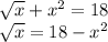 \sqrt x+x^2=18\\
\sqrt x=18-x^2