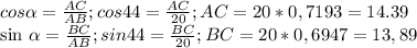 cos \alpha = \frac{AC}{AB} ;
cos44= \frac{AC}{20} ; AC=20*0,7193=14.39 

sin \alpha = \frac{BC}{AB} ; sin44= \frac{BC}{20} ; BC=20*0,6947=13,89 


