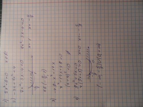Решить неравенства 1) 2x^2+6> 0 2) -3x+7x^2< 4 3)-49-x^2< 14x 4) 9x^2+5x> 0 заранее боль