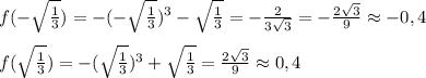 f(-\sqrt{ \frac{1}{3}})=-(-\sqrt{ \frac{1}{3}})^3-\sqrt{ \frac{1}{3}}=- \frac{2}{3\sqrt3}= -\frac{2\sqrt3}{9} \approx-0,4\\\\
f(\sqrt{ \frac{1}{3}})=-(\sqrt{ \frac{1}{3}})^3+\sqrt{ \frac{1}{3}}=\frac{2\sqrt3}{9} \approx0,4