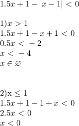 1.5x+1-|x-1|\ \textless \ 0\\\\1) x\ \textgreater \ 1\\1.5x+1-x+1\ \textless \ 0\\0.5x\ \textless \ -2\\x\ \textless \ -4\\x \in \varnothing\\\\

2)x \leq 1\\1.5x+1-1+x\ \textless \ 0\\2.5x\ \textless \ 0\\x\ \textless \ 0