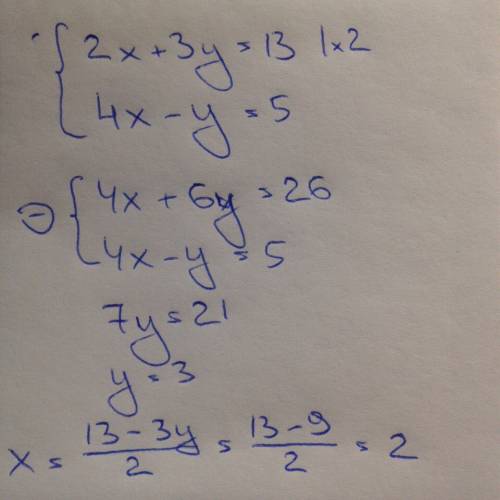 Решить систему сложения : 2х+3у=13 4х-у=5
