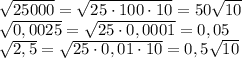 \sqrt{25000}=\sqrt{25\cdot100\cdot10}=50\sqrt{10} \\ 
 \sqrt{0,0025}=\sqrt{25\cdot0,0001}=0,05 \\ 
 \sqrt{2,5}=\sqrt{25\cdot0,01\cdot10}=0,5\sqrt{10}