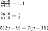 \frac{2y-9}{y+15} =1.4 \\ \\ 
\frac{2y-9}{y+15} = \frac{7}{5} \\ \\ 
5(2y-9) = 7(y+15)