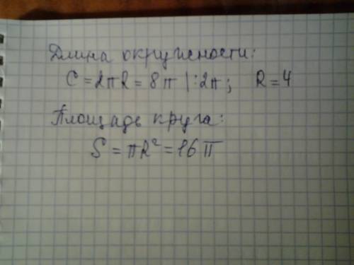 Знайти площу круга, якщо довжина кола , яке його обмежує 8π см.(дякую: )
