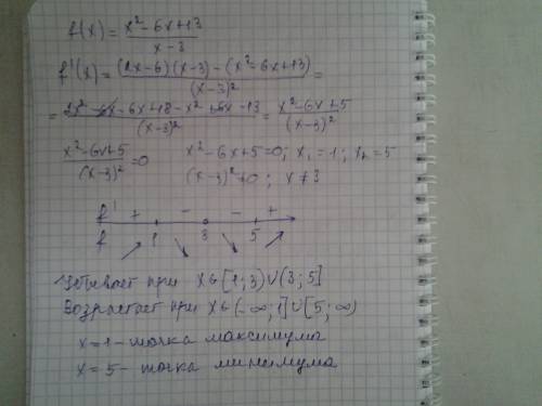 Знайти проміжки зростання і спадання та точки екстремуму функції f(x)=x^2-6x+13/x-3