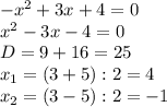 -x^2+3x+4=0\\
 x^2-3x-4=0\\
D=9+16=25\\
x_1=(3+5):2=4\\
x_2=(3-5):2=-1