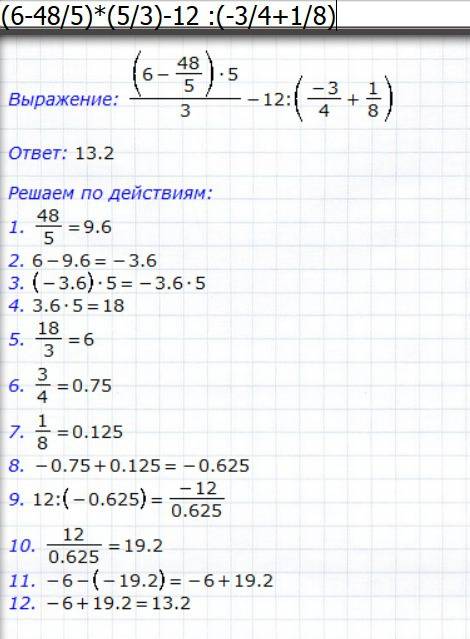 Вычислите значение выражения (6-9 3/5)*(1 2/3)-12 : (-3/4+1/8)=