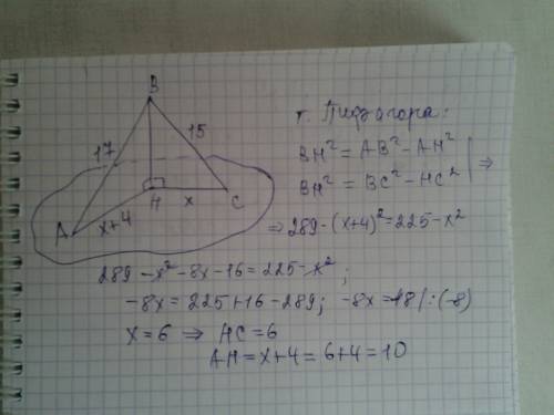 Из точки к плоскости проведёны 2 наклонные, равные 17см и 15 см . проекция одной из них на 4см больш