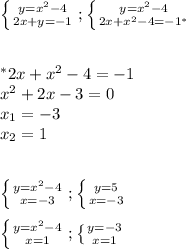 \left \{ {{y=x^2-4} \atop {2x+y=-1}} \right. ; \left \{ {{y=x^2-4} \atop {2x+x^2-4=-1^*}} \right. 
\\\\\\
^*2x+x^2-4=-1\\ x^2+2x-3=0 \\ x_1=-3
\\ x_2=1\\\\

 \left \{ {{y=x^2-4} \atop {x=-3}} \right. ; \left \{ {{y=5} \atop {x=-3}} \right. 
\\\\ \left \{ {{y=x^2-4} \atop {x=1}} \right. ; \left \{ {{y=-3} \atop {x=1}} \right.